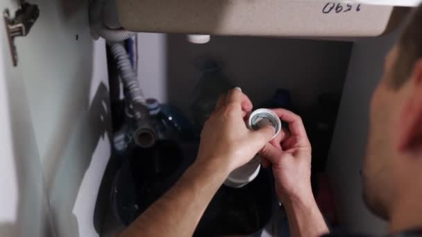 Plumber Handyman Fixing Leak Tradesman Lying Sink Repair Pipe — Stock Video
