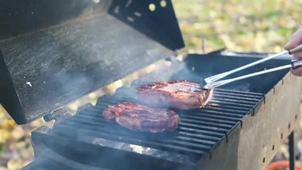 屋外バーベキューグリル 熱い鉄グリルで牛肉の大きなジューシーなチャンクを焙煎 — ストック動画