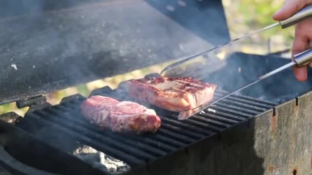 Grill Grill Zewnątrz Pieczenia Dużych Soczystych Kawałków Mięsa Wołowego Gorącym — Wideo stockowe