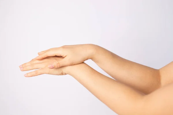 stock image Beautiful female hands. Female hands applying cream, lotion. Soft skin, skin care concept. Hand skin care.