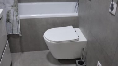 Banyo kapalı tuvalet, musluk, dolap, lavabo ve taş döşemeler duvarlara bakıyor..