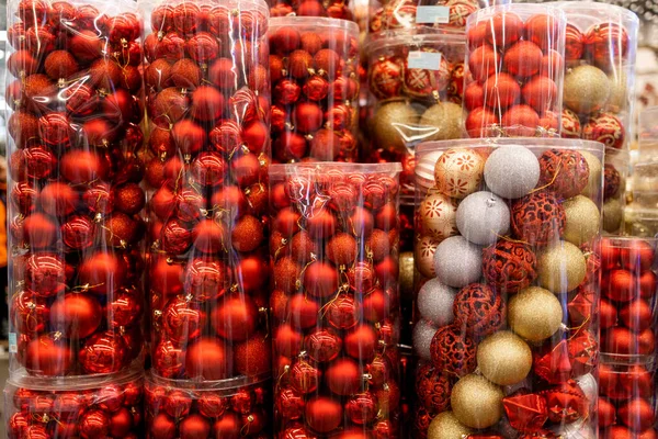 Christmas balls in store, colors background
