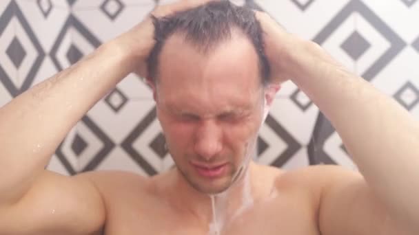 Caucasian Man Showering Bathroom Home Athletic Man Shower Modern Bathroom — Stock Video