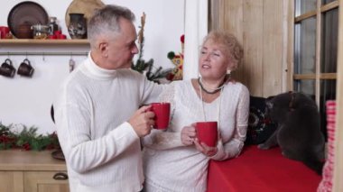 Sevecen, olgun bir aile çifti mutfakta dinleniyor, keyifli sohbetler ediyor, sıcak çay içiyorlar. Mutlu orta yaşlı adam şakası yapıyor yaşlı ve gülümseyen eşiyle konuşuyor..