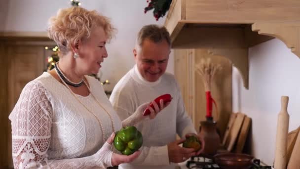 一对老夫妇在圣诞节的时候在厨房一起做饭 — 图库视频影像