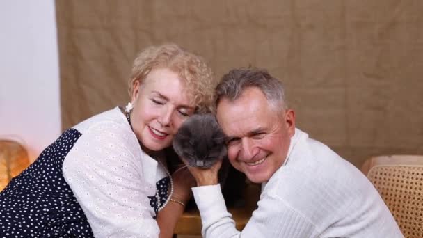 Χαρούμενο Ευτυχισμένο Ζευγάρι Ηλικιωμένων Μια Γάτα Ποζάρει Για Έναν Φωτογράφο — Αρχείο Βίντεο
