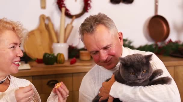 Makan Malam Natal Rumah Dengan Jeruk Pasangan Senior Duduk Meja — Stok Video