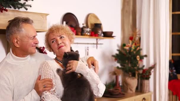 Пожилая Пара Гладит Играет Домашней Кошкой Гостиной Счастливая Семья Привлекательный — стоковое видео