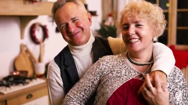 クリスマスの休日にカメラに微笑む陽気で幸せな高齢者のカップルの肖像画 — ストック動画