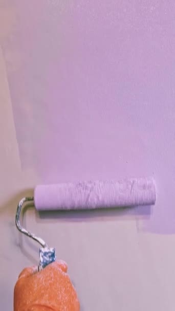 Closeup Trabalhador Mão Segurando Rolo Arbusto Aplicar Pintura Cor Violeta — Vídeo de Stock