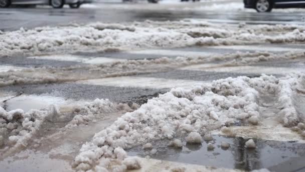 Drogi Miejskie Podczas Obfitych Opadów Śniegu Samochody Przejeżdżają Przez Zimowe — Wideo stockowe