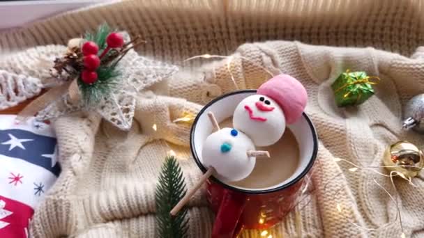 Rode Warme Chocolademok Met Gesmolten Sneeuwpop Marshmallows — Stockvideo