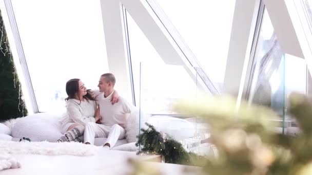 Young Couple Love Hugging Window Enjoy Romantic Date Newlyweds Romance — Stock Video