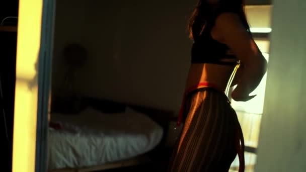 Сексуальная Женщина Красном Нижнем Белье Чулках Позирует Игрушками Перед Зеркалом — стоковое видео