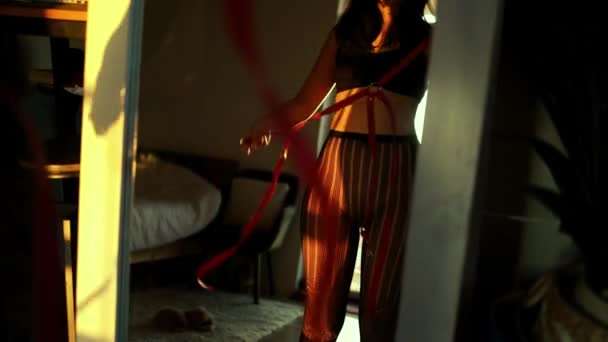 赤いランジェリーのセクシーな女性とミラーの前にBdsmおもちゃでポーズストッキング キンキーパーティーの準備 — ストック動画