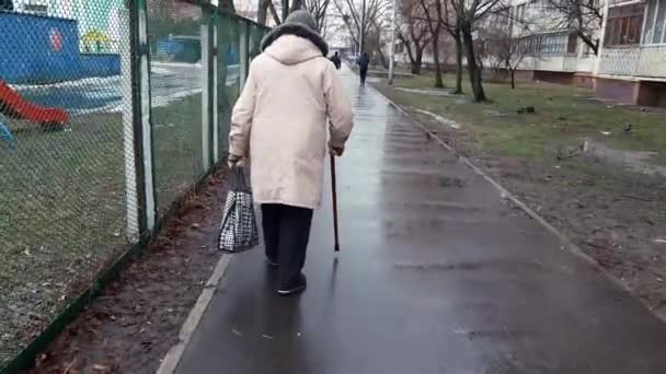 Sola Anciana Anciana Con Ropa Abrigo Camina Largo Del Sendero — Vídeos de Stock