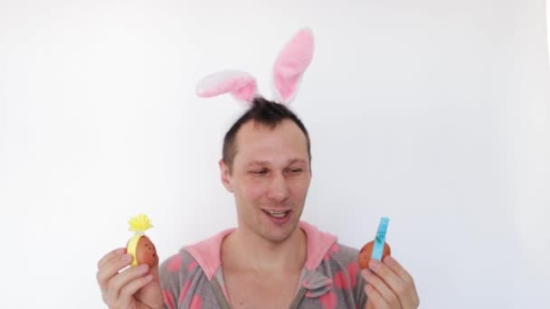 Easter Holiday Concept Comic Funny Handsome Man Wearing Bunny Ears — Stock Video