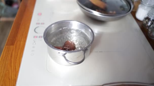 Slow Motion Eieren Koken Een Sudderende Pot Kippeneieren Worden Gekookt — Stockvideo