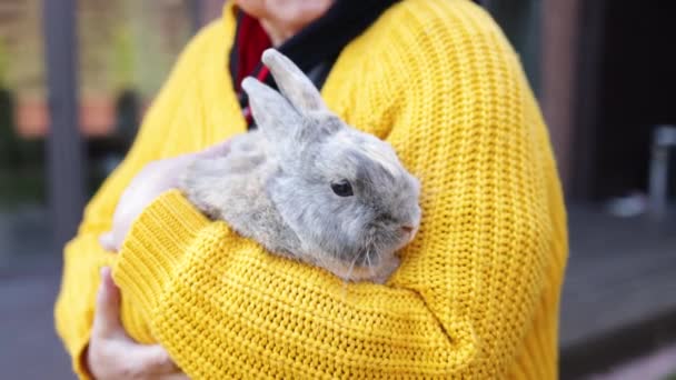 Retrato Mujer Mayor Caucásica Feliz Orejas Conejo Pie Cerca Casa — Vídeo de stock