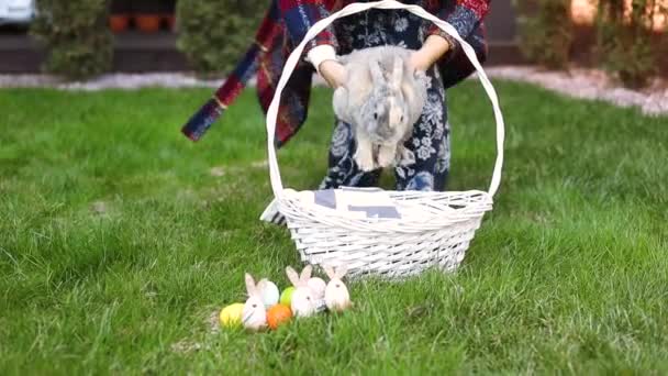 Sepetin Yanındaki Küçük Tavşancık Otların Üzerinde Süslenmiş Yumurtalarla Paskalya Kartı — Stok video
