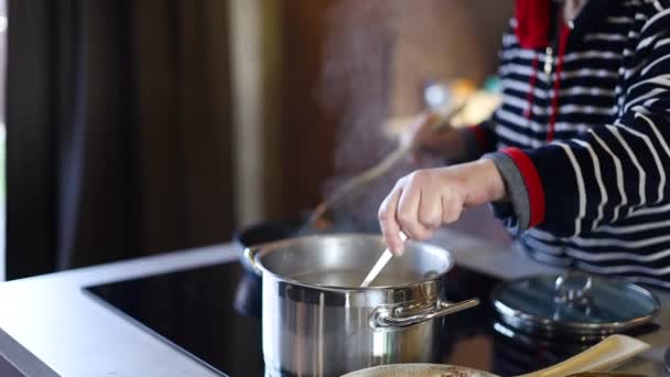 大姐在厨房里煮汤 家庭主妇慢吞吞地在家里用勺子搅拌汤 女厨师站在厨房的炉边 — 图库视频影像