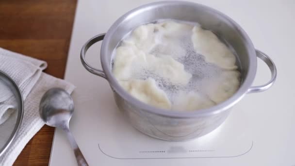 把饺子放在开水里煮熟 春节期间烹调中国传统食品 — 图库视频影像