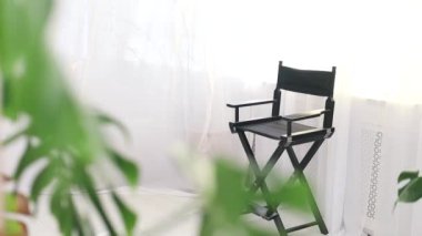 Beyaz duvar ve pencerede yeşil bitkiler var. İç dekorasyon asgari düzeyde. Boşluğu kopyala. 