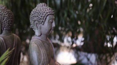 Karanlık arka planda Buda Heykeli meditasyonu. Buda heykeli meditasyon pozunda. Modern iç tasarımı olan minimalist odada Zen Budist figürü