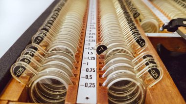 Göz testi, göz testi ve deneme çerçevesi için optometrist deneme çerçevesi, deneme çerçevesi gözlükleri.