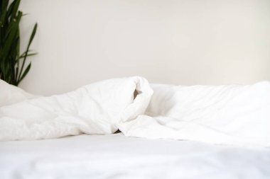 cama vacía con sábanas y almohadas desaliñadas