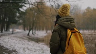 Karlı bir kış günü ormanda, sırt çantalı, karlı, taze, beyaz bir karla yürüyen bir kadın. Kış tatilindeki kadın turist. 