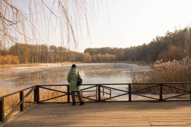 Sırt çantalı turist, kışın göl manzarasının keyfini çıkarıyor. Kadın, sırt çantası ve göl kenarında yürüyüş, dinlenme, perspektif ve doğa tatilinde hafıza.. 