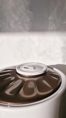 Nemlendirici oturma odasında sağlıklı nem seviyeleri sağlıyor. Ultrasonik nemlendiriciden havaya karışan ince sis buharı. Sağlık konsepti dikey video.