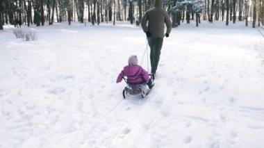 Genç baba güneşli bir günde karlı kış parkında kızak taşıyor..