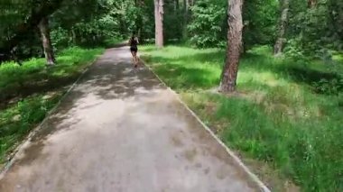 Bakış açısı. Ormanda dağ bisikleti süren bisikletçi. Macera kavramı, dışarıda boş zaman geçirmek..