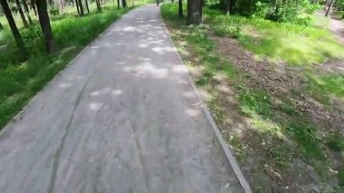 Bakış açısı. Ormanda dağ bisikleti süren bisikletçi. Macera kavramı, dışarıda boş zaman geçirmek..