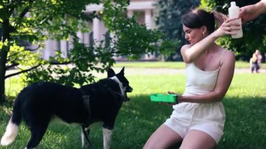 Dışarıdaki tabaktan taze su içen susamış köpek, ev sahibi evcil hayvanla ilgileniyor.