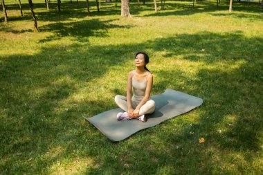 Sakin, sakin, formda, sportif Asyalı kadın modeli spor kıyafetleri giyiyor yoga egzersizi yapıyor, meditasyon eğitimi alıyor yeşil çimlerin üzerinde oturuyor parktaki çimlerin üzerinde oturuyor açık havada temiz hava soluyor.. 