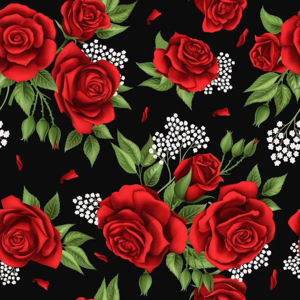 红玫瑰花束和绿叶 网目元素无缝图案矢量背景 床上用品或轻型纺织品设计 — 图库矢量图片