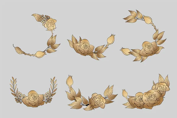 Rosen Hand Zeichnung Gold Graviert Schwarze Tusche Umreißt Blumen Elemente — Stockvektor