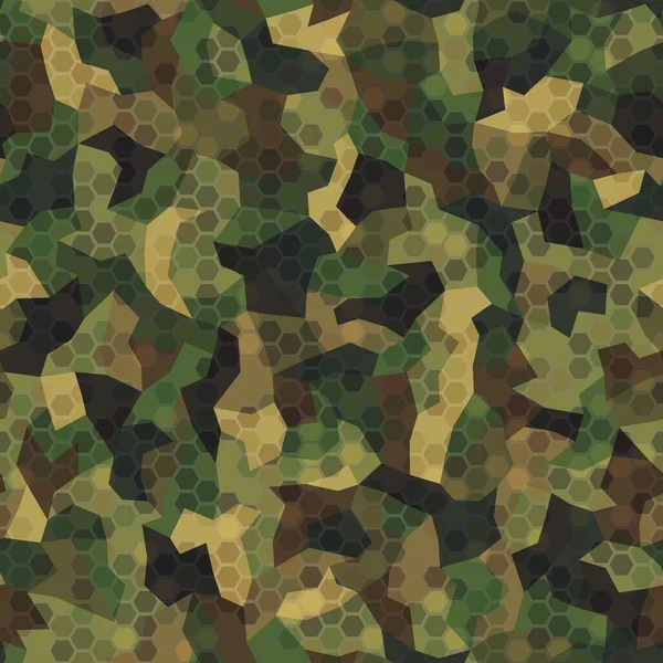 テクスチャ軍事緑と茶色の色の森林沼迷彩シームレスパターン 都会の六角形のヘビスキン 抽象的な軍隊と狩猟マスキング装飾テクスチャ ベクターイラスト背景 — ストックベクタ