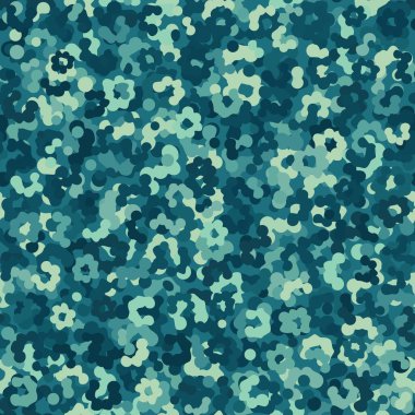 Camouflage seamless pattern background. Classic winter partisan clothing style masking camo repeat print. Skyblue and teal colors army field and urban texture. Design element vector illustration.