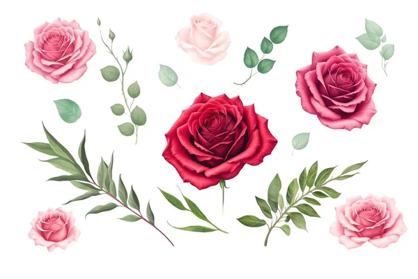 Rote Und Rosa Halbtonrosen Handgezeichnete Illustrationselemente Farbig Gesetzt Rose Blüht — Stockfoto