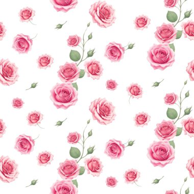 Kusursuz desenli pembe gül çiçeği ve beyaz arka planda yumuşak tomurcuklar bileşimi. Anneler günün kutlu olsun, kızların doğum günü, sevgililer günün kutlu olsun. Hediye kutusu suluboya kağıt tasarımı