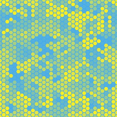 Camouflage seamless pattern with yellow and blue hexagonal geometric alien camo ornament. Ukraine flag color halftones urban clothing style masking camo repeat print for fabric and fashion textile