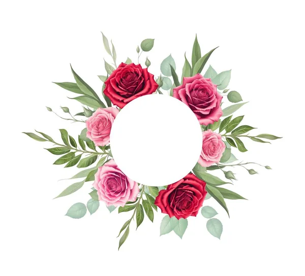 Happy Valentines day romantic greeting postcard wreath with cream pink and red rose flowers. Save the date template holiday card design. Blank template element for postcard design or photo frame