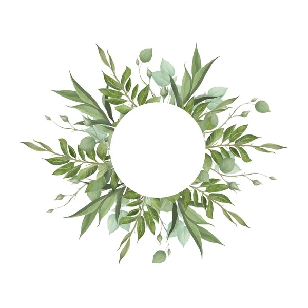 Happy Valentines day romantic greeting postcard circle wreath with green leaves foliage. Save the date template holiday card design. Blank template element for postcard design or photo frame