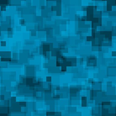 Dijital monokrom safir mavi kamuflajsız desen. Soyut kot geometrik modern kamuflaj arka planı. Vektör illüstrasyonu.