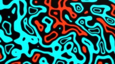 Kromatik Sıvı Dalgalanan Su Sıvısı 'nın Soyut Arkaplanı. 3D canlandırılmış soyut arkaplan. Cyan ve kırmızı noktalar 4K çözünürlüklü hareket efekti.