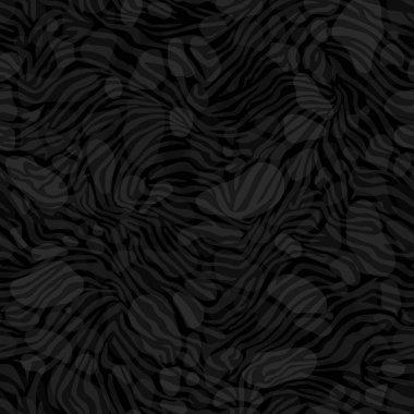 Kamuflaj desenli arka plan kusursuz vektör çizimi. Gri ve siyah soyut geometrik arkaplan. Karışık biyo hücreleri ve zebra çizgileri olan kusursuz desen element çizimi.